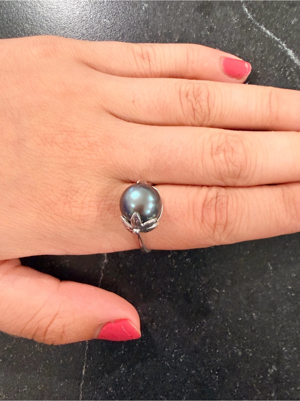 Sterling Silver Pearl Ring with silver floral accent- Women Jewelry